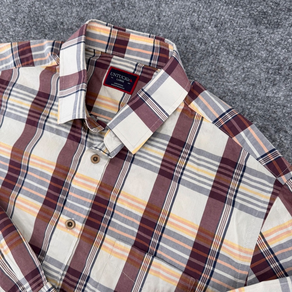 Untuckit Shirt Men L Classic Cotton Regular Red Plaid Long Sleeve Casual